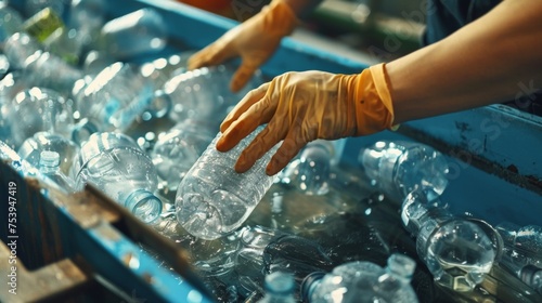 Worker sorting recyclable plastic bottles at a facility