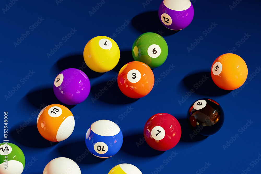 Randomly Placed Billiard Balls on Blue Felt Randomly Placed Billiard Balls on Blue Felt