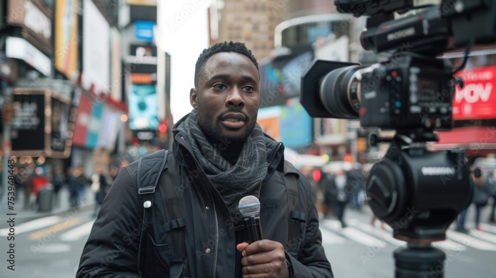 Reporter with camera conducting a street interview in the city Reporter with camera conducting a street interview in the city