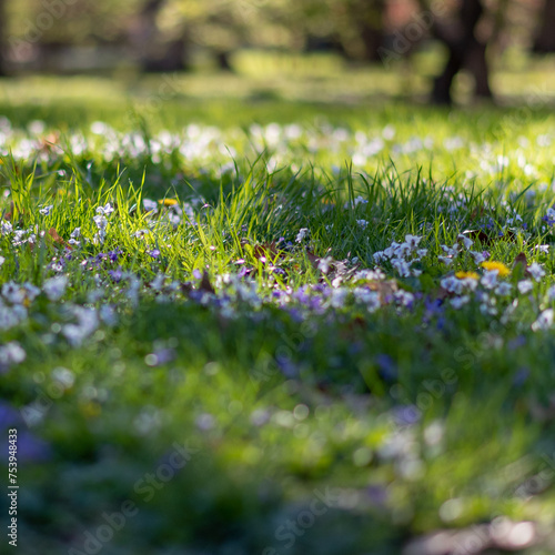 Sun dappled grass with small flowers