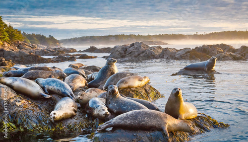 Colony of harbor seals (Phoca vitulina) on a rocky shore - New England, USA.