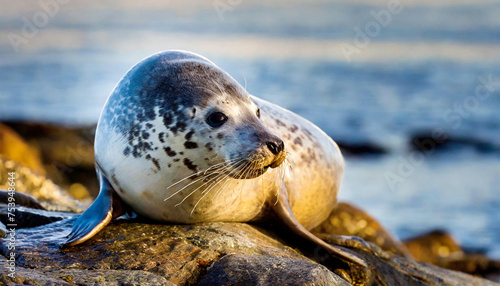 Harbor Seal (Phoca vitulina) on a rocky shore, New England, USA. photo