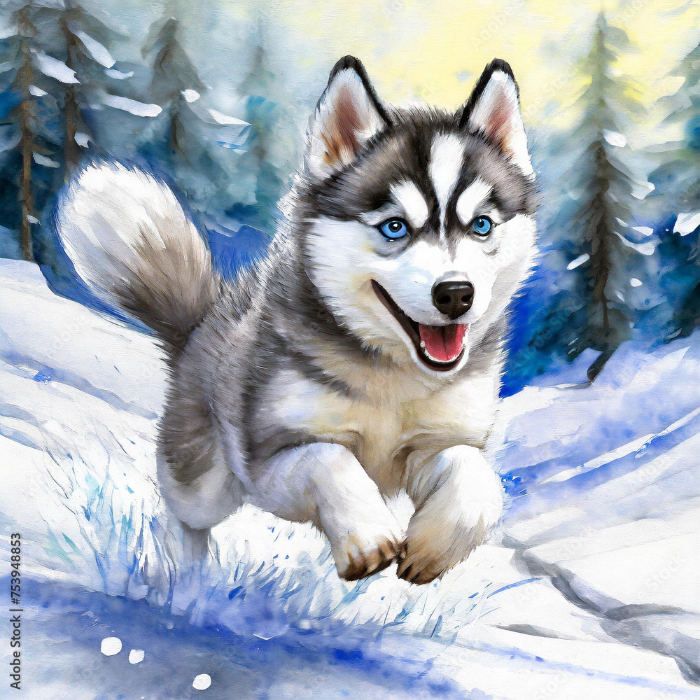 Naklejka premium 눈위에 달리는 허스키