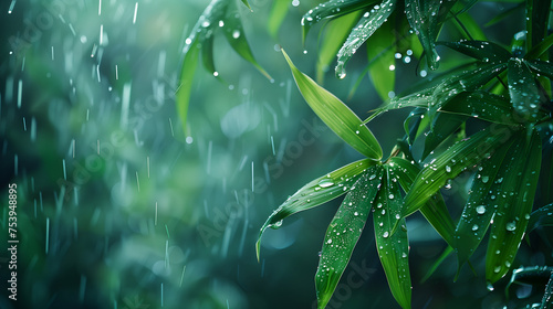 water drops on a green bamboo leaf in the bamboo forest, rain in the forest