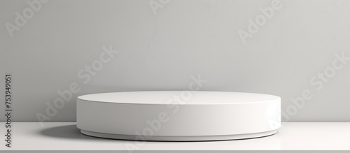 A white round object is positioned on top of a counter in a clean and modern display. The object appears to be a showcase podium or product stand, conveying a sense of simplicity and minimalism.