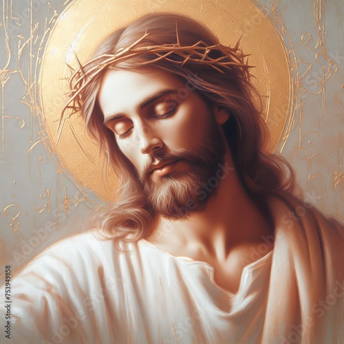 Portrait of Jesus Christ with crown of thorns. Religion concept. 