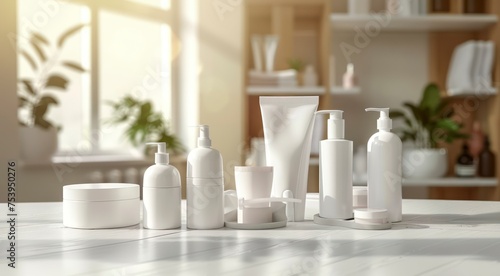 Professional Female Bodycare Products for Skin Care, Arranged Neatly in a Spa Room. White mockup bottles, jars and soap dispenser with pump lid standing in row on table in spa room photo