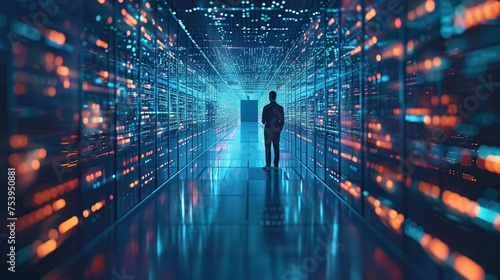 cutting edge vision tech guru in futuristic data center utilizing laptop amidst warehouse streamlined digitalization with server based information saas cloud computing web service empowered  © hisilly