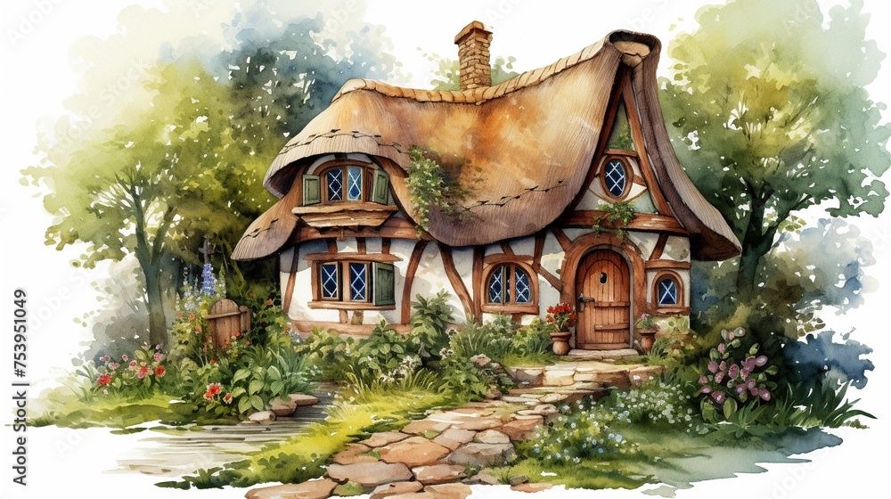 Fototapeta premium A highly detailed watercolor clipart illustration of a whimsical garden displayed on an absolutely white background