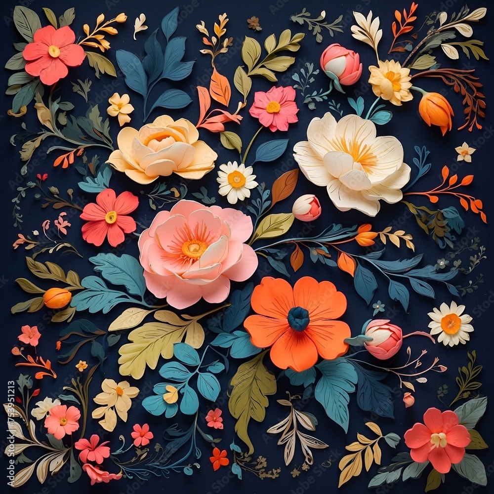 a floral pattern with flowers and leaves on a navy blanket, in the style of booru, cute and colorful a floral pattern with flowers and leaves on a navy blanket, in the style of booru, cute and colorful