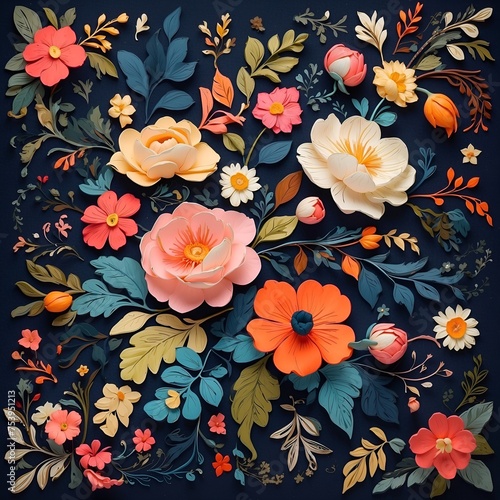 a floral pattern with flowers and leaves on a navy blanket  in the style of booru  cute and colorful