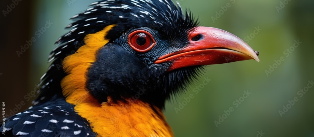 This close-up shot captures a bird with striking red eyes, set against a blurred background. The bird has an orange face and a black beak, adding to its unique appearance.
