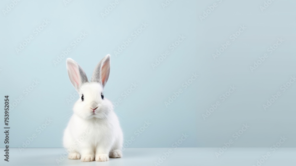 Obraz premium cute animal pet rabbit or bunny white color smiling and laughing isolated with copy space for easter background, rabbit, animal, pet, cute, fur, ear, mammal, background, celebration, generate by AI