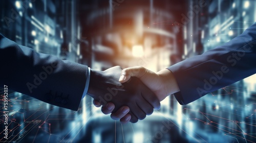 Close up of business people shaking hands against technology background, leader, teamwork, target, Aim, confident, achievement, goal, on plan, finish, generate by AI photo
