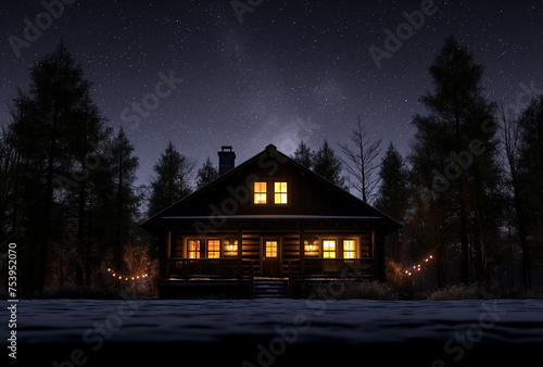Warm Lights in a Secluded Forest Cabin. A Tranquil Nighttime Retreat Amidst the Snowy Wilderness