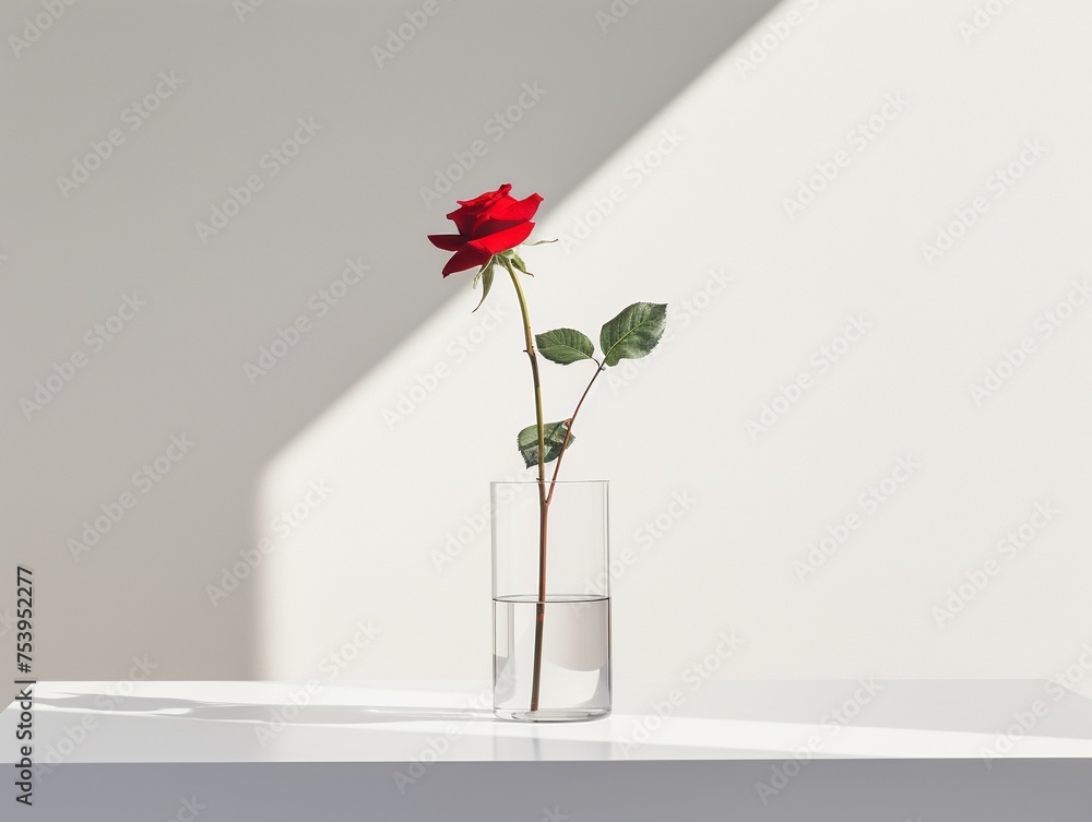 Fototapeta premium A single red rose in a glass vase on a stark white table