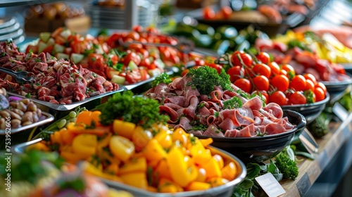 A Wedding Catering Spread with a Rich Assortment of Meats, Fruits, and Vegetables