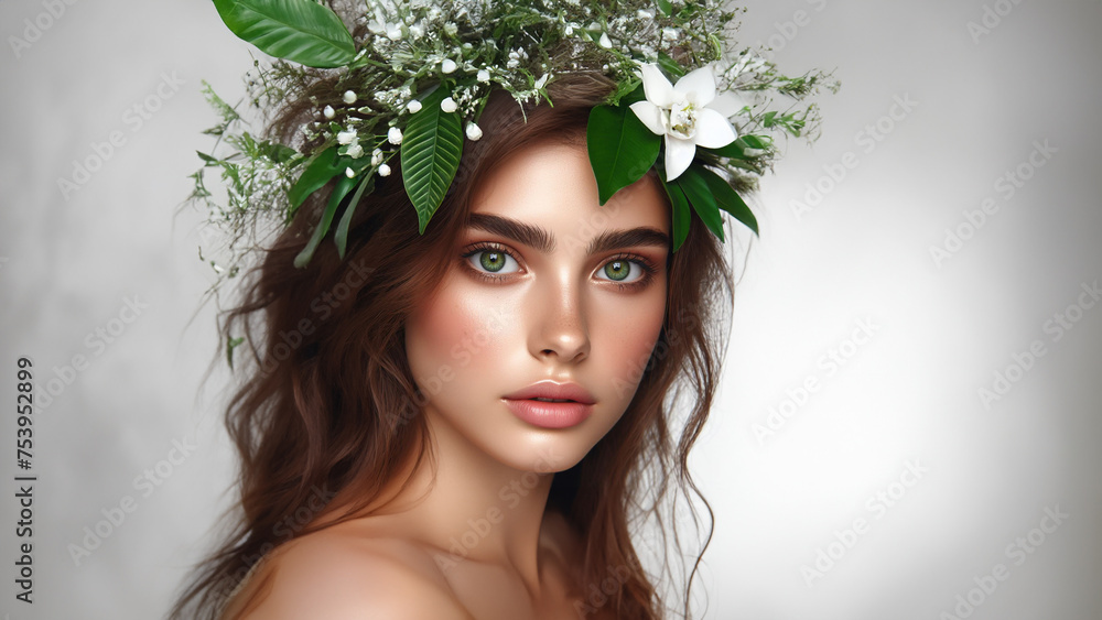 Naklejka premium Young beautiful woman with green leaves near face and body. Skin care beauty treatments concept. 