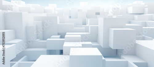 A white room is filled with numerous white cubes  creating a modern and abstract atmosphere. The cubes are neatly arranged throughout the space  giving a clean and minimalist look.