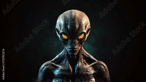 alien with large glowing hypnotic eyes and textured skin against a black void background. science fiction, ufology and hypnosis, alien abduction, and supernatural themes created with generative ai photo