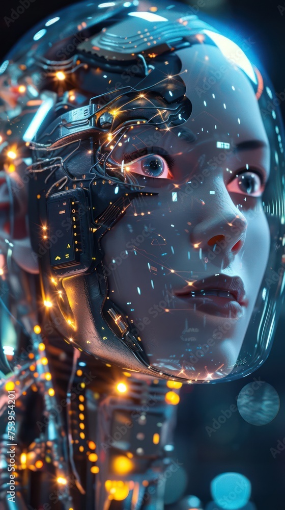 3d rendering of a female robot with artificial intelligence in a dark space 3d rendering of a female robot with artificial intelligence in a dark space