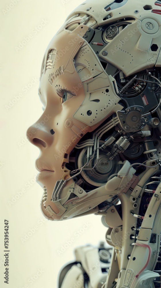 close up view of robot head, artificial intelligence and machine learning concept close up view of robot head, artificial intelligence and machine learning concept