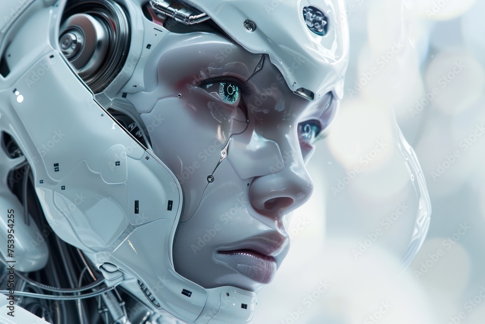 close-up view of futuristic female robot head. 3d rendering A.i close-up view of futuristic female robot head. 3d rendering A.i