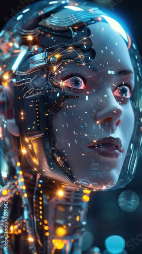 3d rendering of a female robot with artificial intelligence in a dark space