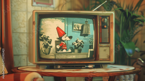 A vintage TV displaying a cartoon dog in a retro living room.