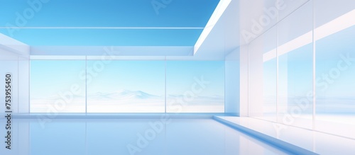 An empty room with a large window offers a view of the vast ocean outside. The room features abstract architectural design with white and glass gradient colors.