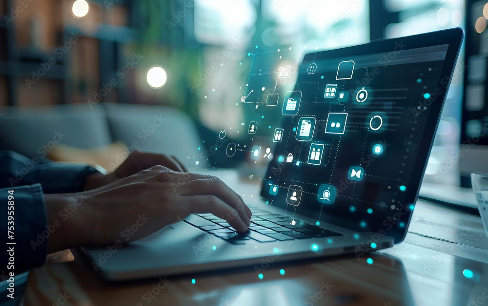 Businessman using laptop with social media icon on screen. Internet and technology concept. Businessman using laptop with social media icon on screen. Internet and technology concept.