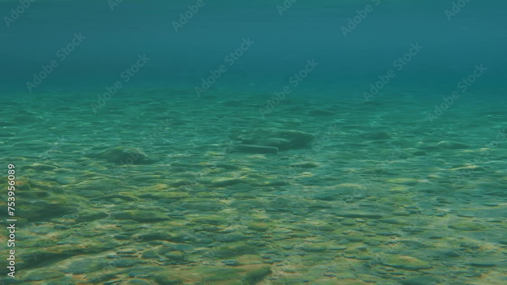 POV underwater shot, guy paddling his hands swims underwater over rocky seabed POV underwater shot, guy paddling his hands swims underwater over rocky seabed