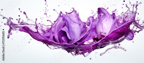 A vibrant purple liquid is seen splashing into the air, creating a dynamic and colorful display of movement and energy. The liquid appears to be moving upwards with force, forming unique shapes as it photo
