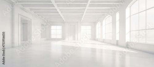 A stark and minimalist empty room featuring plain white walls and large windows allowing natural light to filter in. The room appears clean, spacious, and devoid of any furniture or decorations.