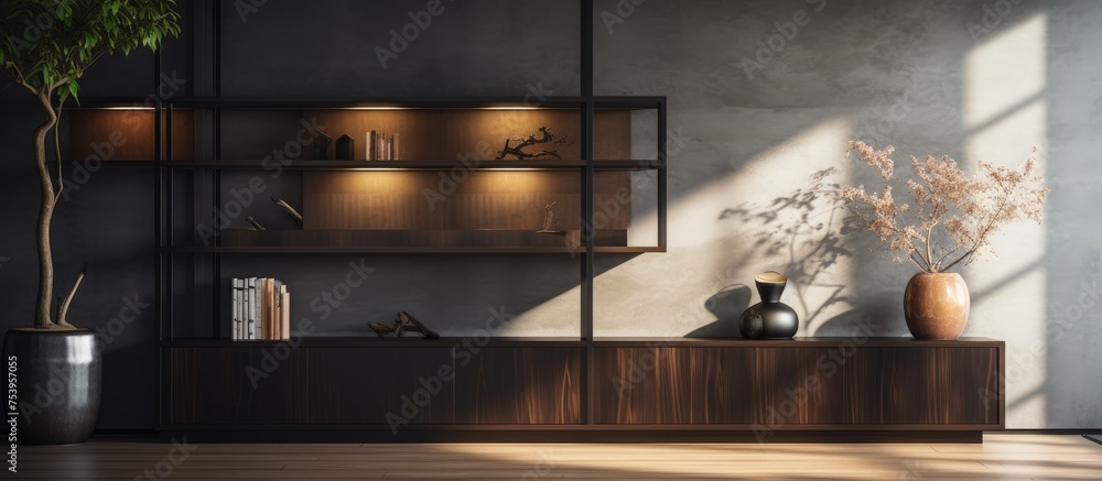 A contemporary living room featuring a tall bookshelf filled with books and a vibrant potted plant. The room has elegant brown wooden storage cabinets and a sleek black granite floor, illuminated by A contemporary living room featuring a tall bookshelf filled with books and a vibrant potted plant. The room has elegant brown wooden storage cabinets and a sleek black granite floor, illuminated by