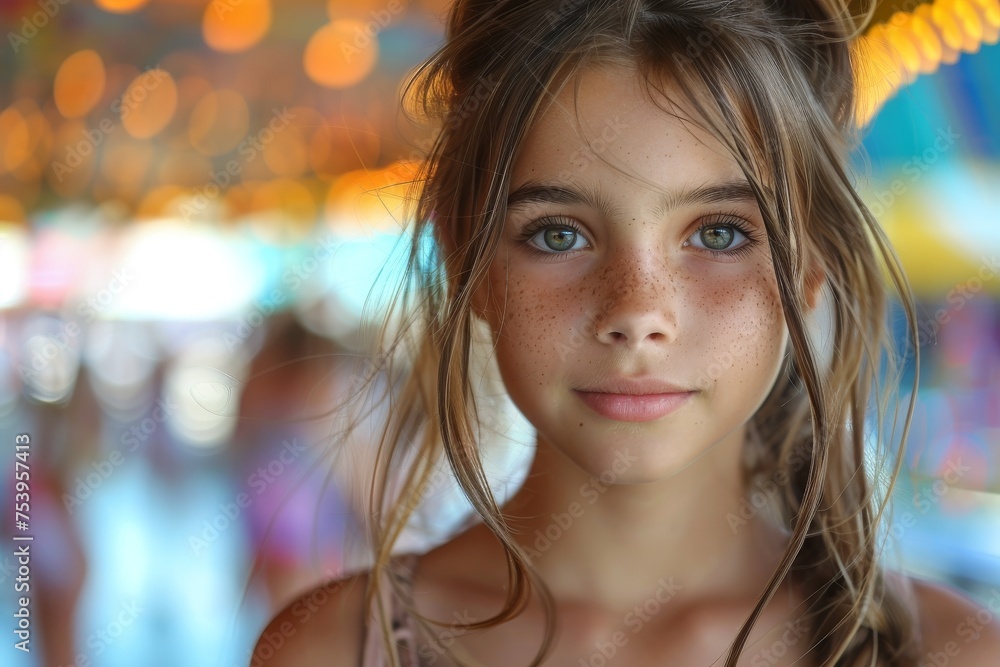 A portrait of a young girl with striking eyes and freckles, bokeh lights from a fair provide a vibrant backdrop A portrait of a young girl with striking eyes and freckles, bokeh lights from a fair provide a vibrant backdrop