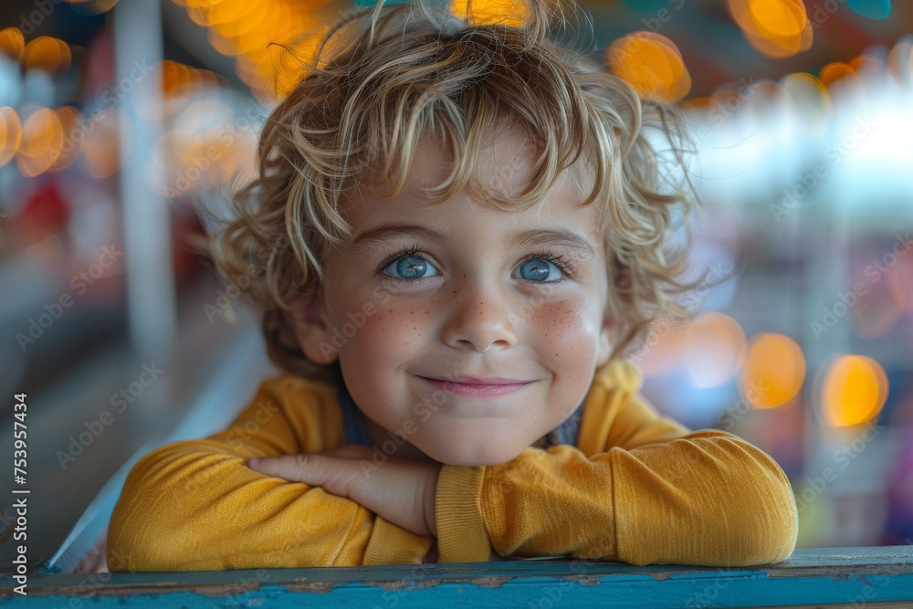 A curly-haired child flashes a heartwarming smile, fairground lights twinkle in background A curly-haired child flashes a heartwarming smile, fairground lights twinkle in background