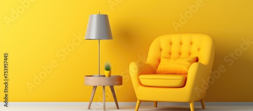 A vibrant yellow chair is positioned next to a matching yellow wall. The simple yet striking color combination creates a cohesive look in this interior setting.