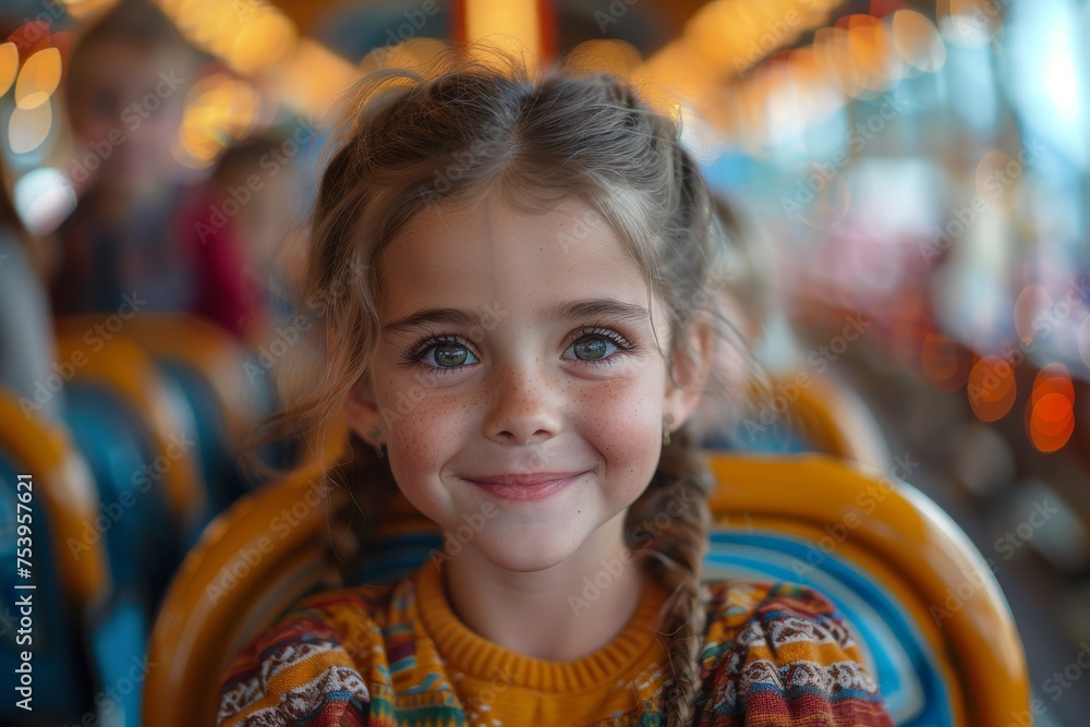 An enchanting portrait of a young girl with an upbeat smile and braided hair sitting on a carousel ride at a fair