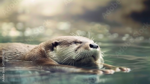 Serene River Scene with Sleepy Otter AI Generated.