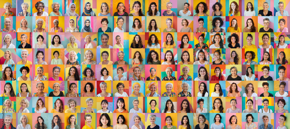 Composite portrait of headshots of different smiling women from all genders and age, including all ethnic, racial, and geographic types of women in the world on a colorful flat background - obrazy, fototapety, plakaty 