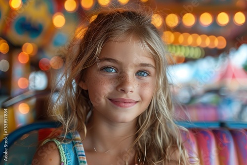 Happy girl on a carousel in a brightly colored dress enjoying an amusement park ride