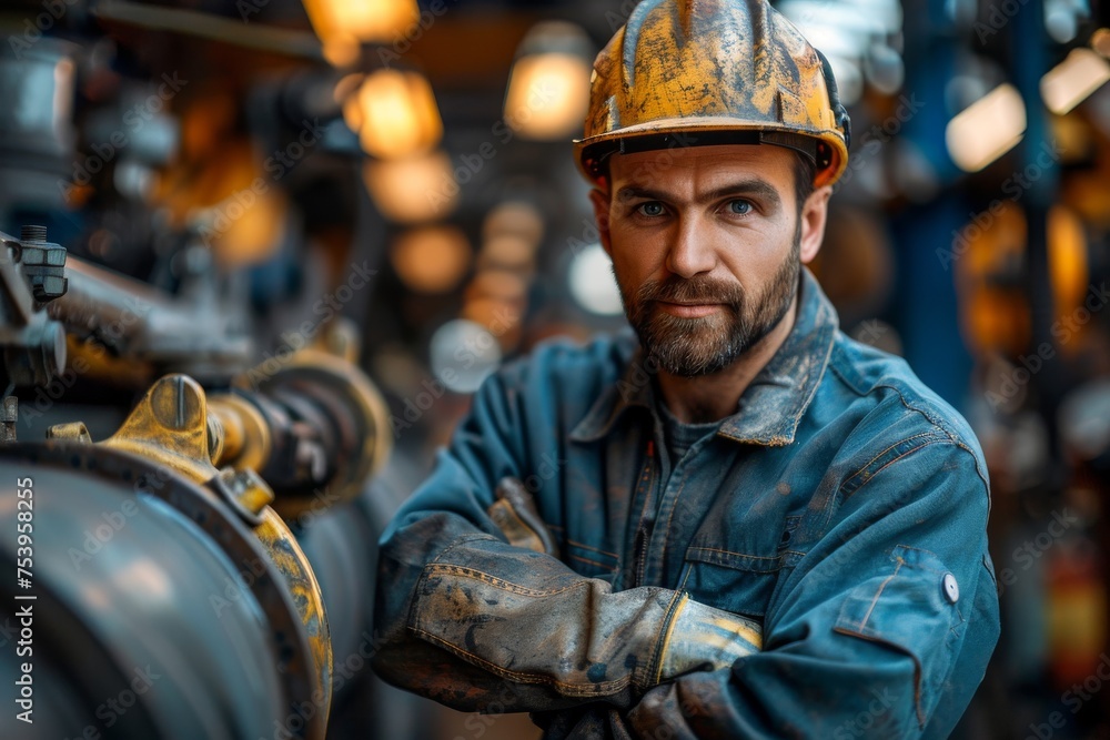 A worker in a hard hat and stained clothing focuses intently on his task A worker in a hard hat and stained clothing focuses intently on his task