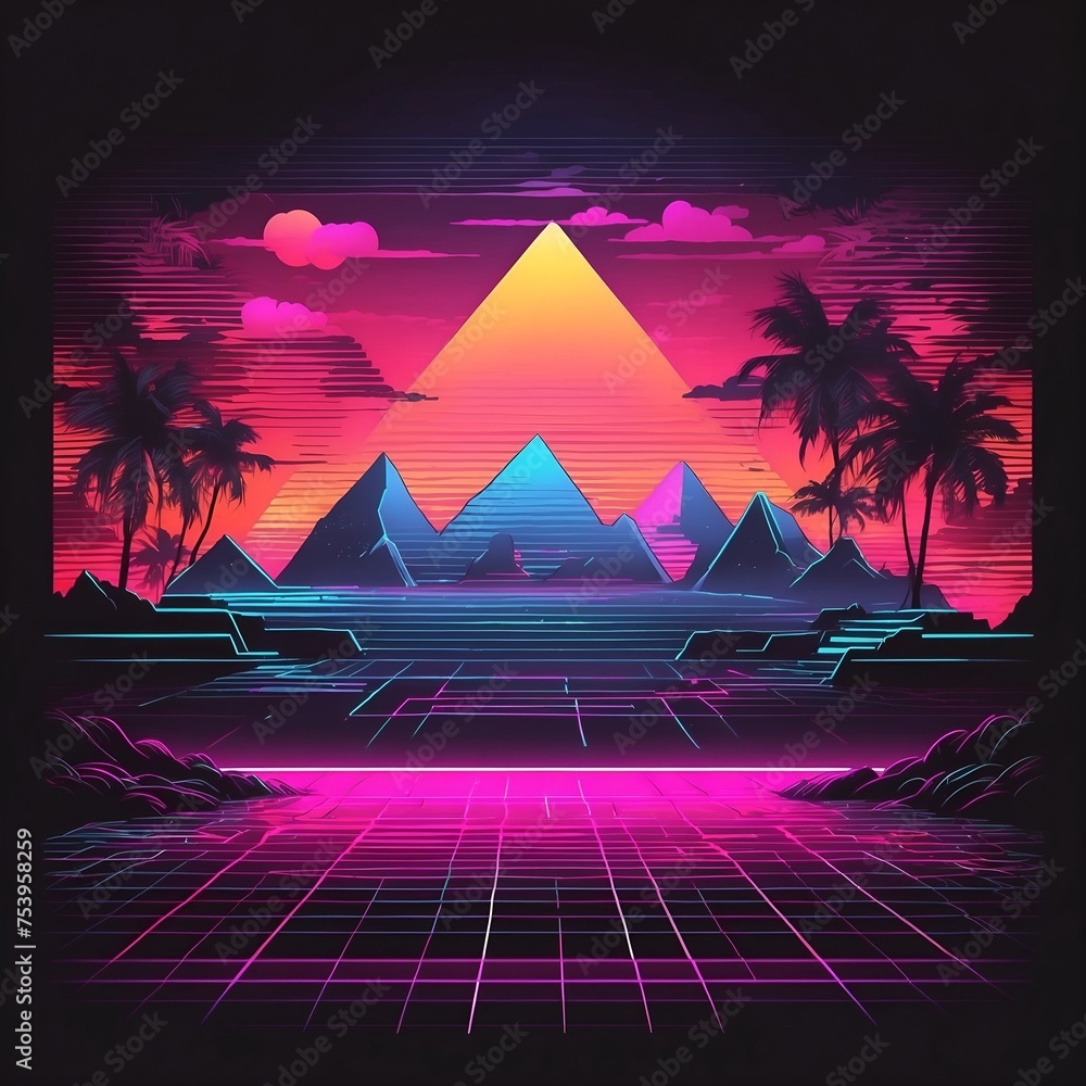 Stereotypical 80s aesthetic. Synthwave scenery