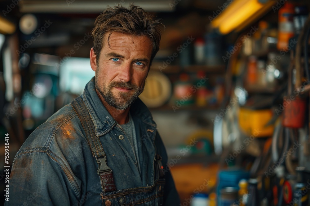 A ruggedly handsome mechanic with an experienced look stands in a workshop, exuding confidence and years of practical knowledge