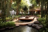 Serene Zen Garden: Infinity Pond, Bamboo Grove, Raked Sand Oasis
