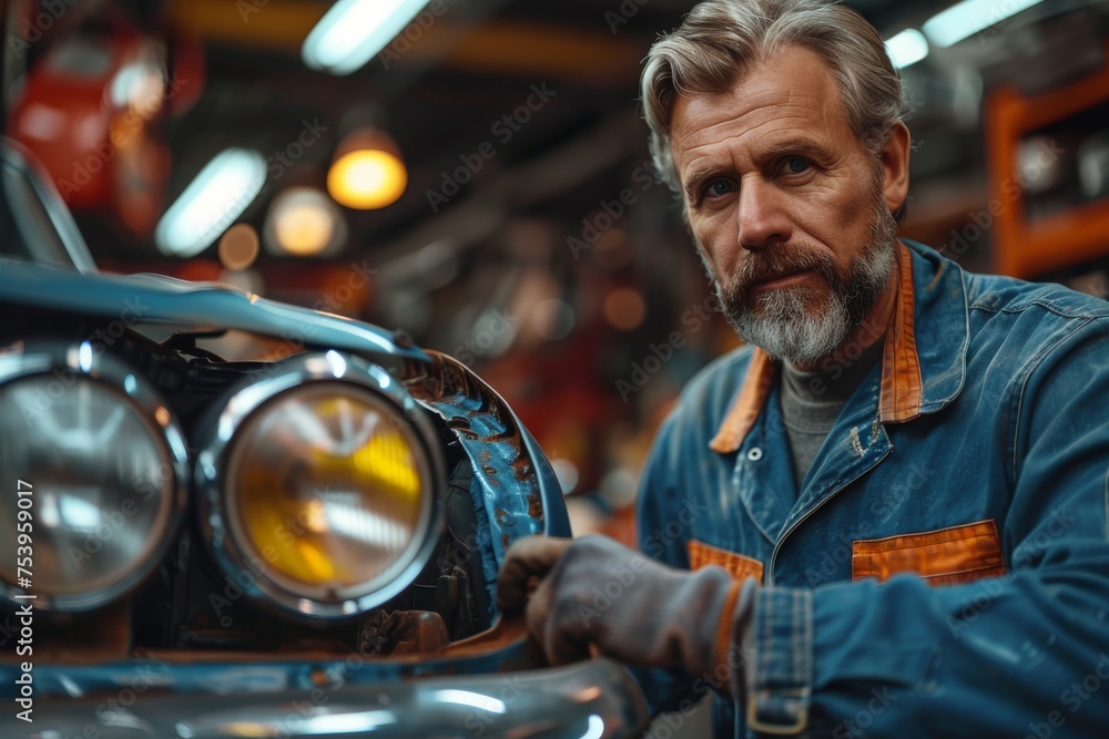 Obraz premium Seasoned mechanic attentively tuning a classic car in the garage with a serious expression