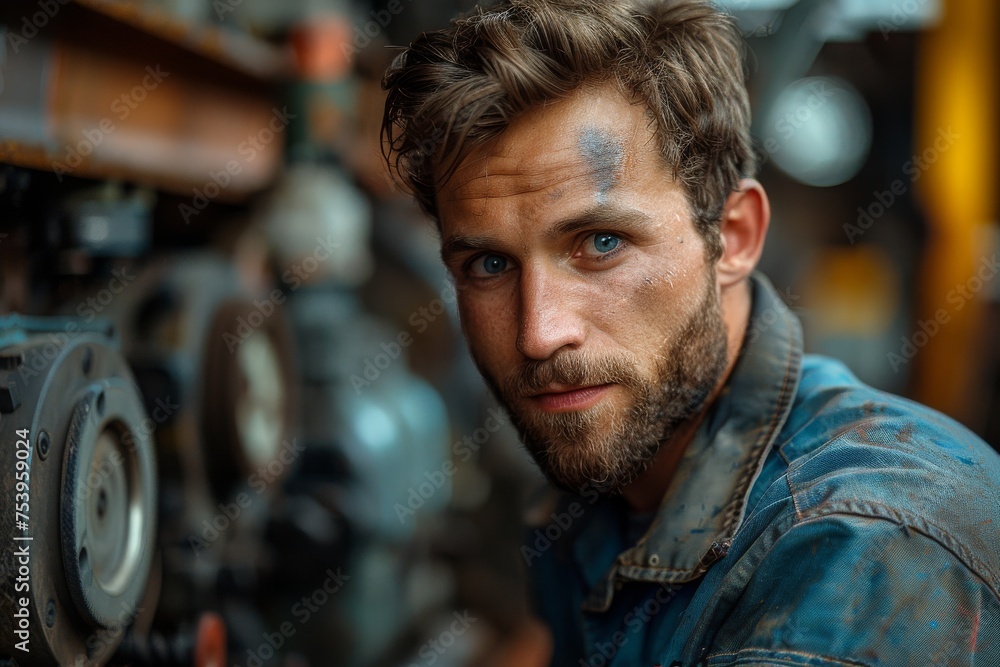 Close-up of a mechanic with a charismatic look and a grease smudge on his face Close-up of a mechanic with a charismatic look and a grease smudge on his face