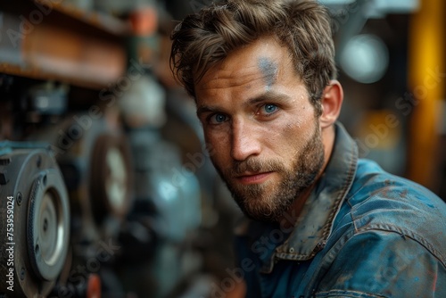 Close-up of a mechanic with a charismatic look and a grease smudge on his face