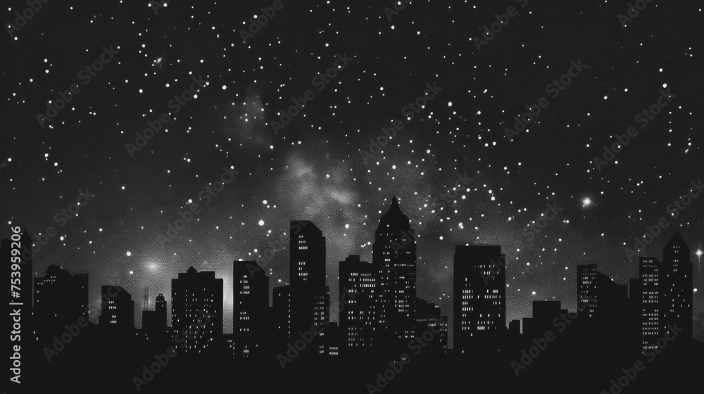 Black and grey cityscape silhouette against a white night sky for urban themes
